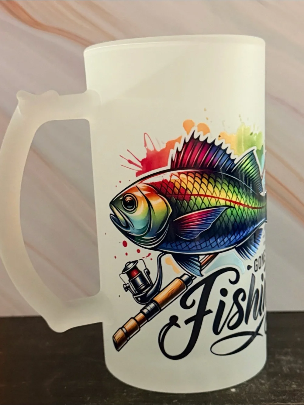 Frosted 16 oz Glass Beer Mug “Gone Fishing Weekend Hooker”  Bright Vivid Colors